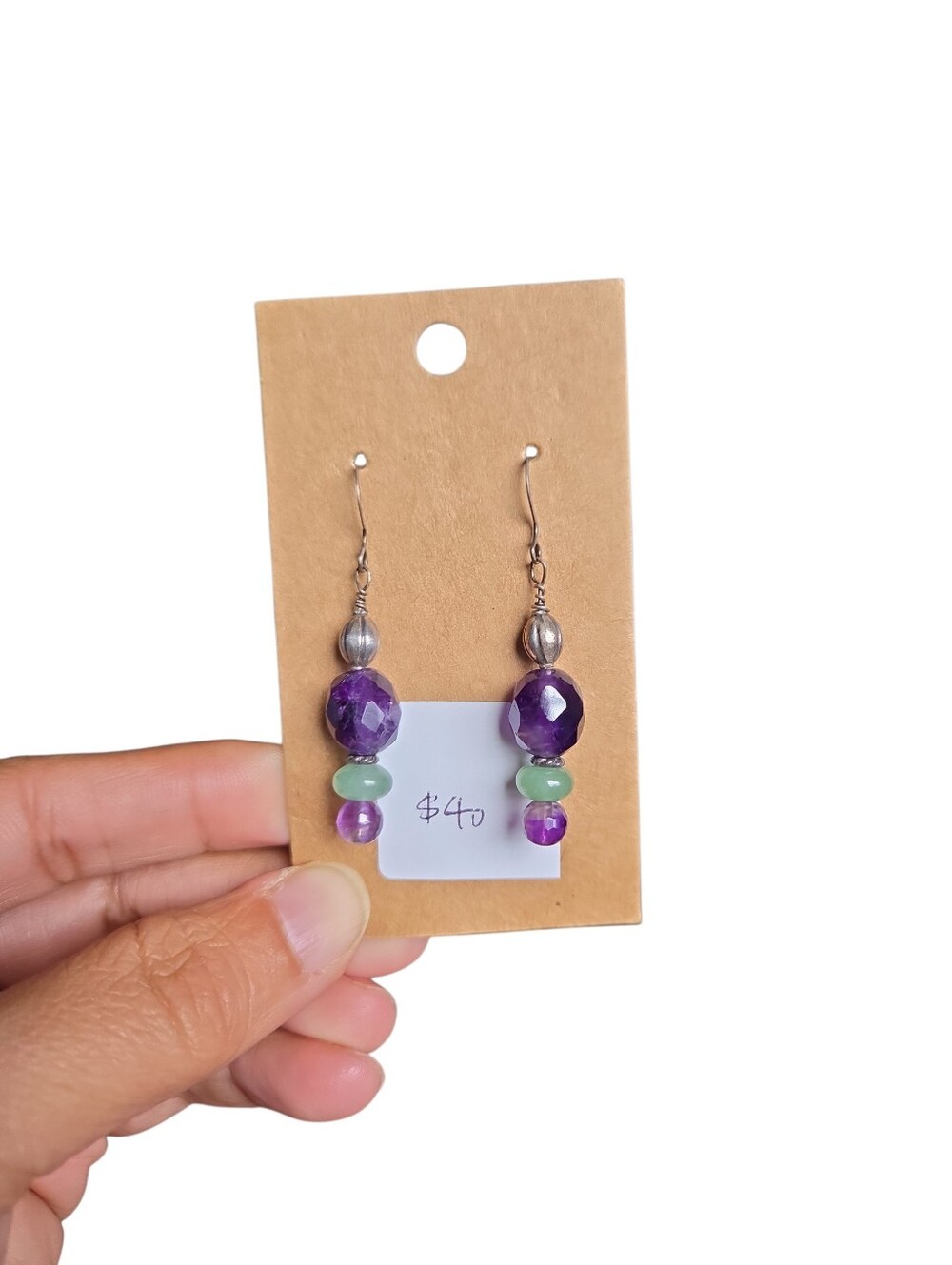 Silver Toned Handmade Purple and Green Beaded Drop Earrings 2"